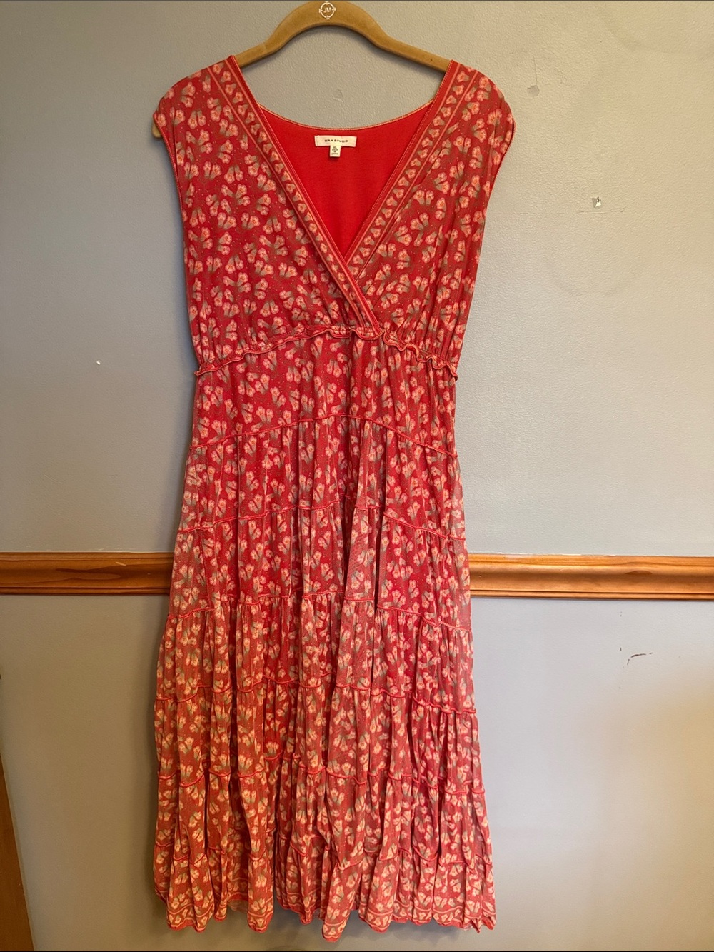 Max Studio Floral Mesh Overlapped V-Neck Tiered Midi Dress - Size XL